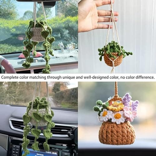 XINLIYA Crochet Cute Potted Plants, Hanging Handmade Knitted Decor for Women Men, Woven Cute Charms Ornament Pendant, Car Accessories Interior Aesthetic (Coffee/Green) thumbnail 5