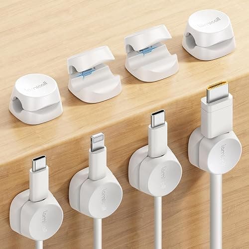 8Pack Cord Organizer [1s Lock] Spring Cable Management Clips - Lamicall Desk Cord Holder, Adhesive Cute Round Cable Clip, Phone Charger Wire Organizer Keeper for Nightstand Car Office Accessory, White - Image 1