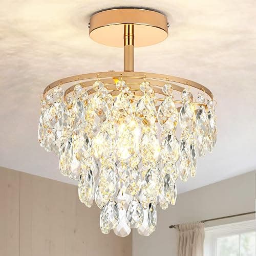 YONGYIPE Mini Crystal Chandelier Modern Crysal Flush Mount Ceiling Light for Bedroom Closet Hallway with E26 Base Small Pendant Light (Gold-Ceiling) - Image 1