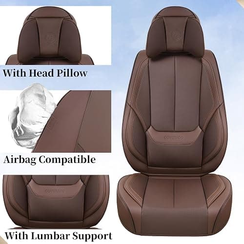 Coverado Front and Back Seat Covers 5 Pieces, Waterproof Nappa Leather Auto Seat Protectors Full Set with Head Pillow, Universal Car Accessories Fit for Most Sedans SUV Pick-up Truck, Brown - Brown(Pillow) - FullSet thumbnail 5
