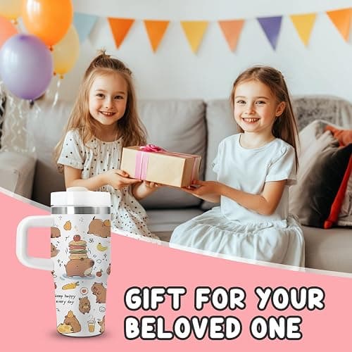 Capybara Gift for Women, 14oz Capybara Tumbler with Handle, Lid & Straw - Vacuum Insulated Stainless Steel Travel Mug - Hot/Cold Car Cup for Commuting, Office - Kawaii Water Bottle Gifts for Adults thumbnail 7