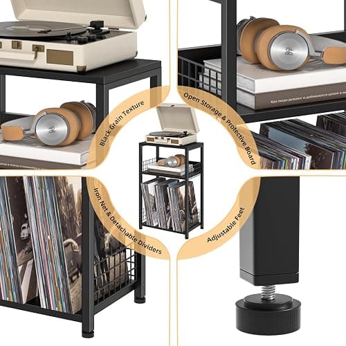 LELELINKY Side Table with Storage, Black Night Stand for Small Spaces, 3 Tier Industrial Wooden Record Player Holder with Vinyl Storage Shelf, End Tables Printer Stand for Bedroom thumbnail 7