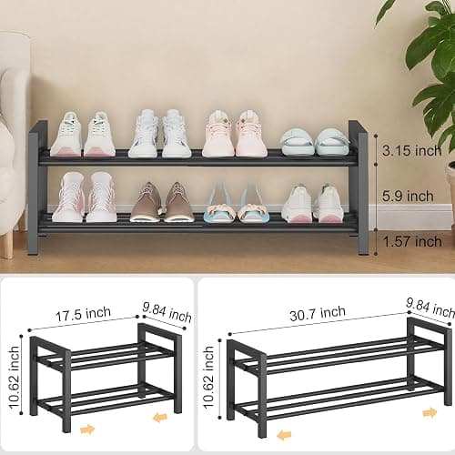 Detsuk 2-Tier Expandable Shoe Rack (17.5"-30.7") – Adjustable Heavy-Duty Metal Shoe Organizer Shelf for Closet, Entryway, Mudroom & Garage – Durable Freestanding Storage, Black thumbnail 3