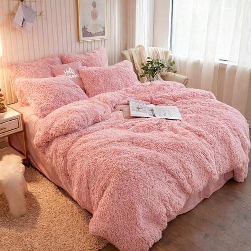 PARADISE STAR Teddy Bear Cuddles Fleece Duvet Cover Set – Alaska Luxury Faux Fur Bedding with Matching Pillowcases, Super Soft Warm Plush Winter Quilt Cover Bed (Blush, Double) thumbnail 7