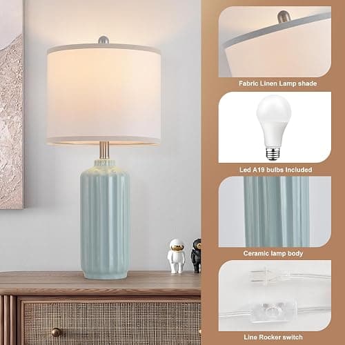 Liyicha Lamp for Living Room Bedroom Lamps Farmhouse Table Lamps Set of 2 Vertical Stripe Ceramic Table Lamp,Linen Shade with Bulb, 25 in High,Light Blue - Light Blue（Set of 2） - 25-inch high thumbnail 6