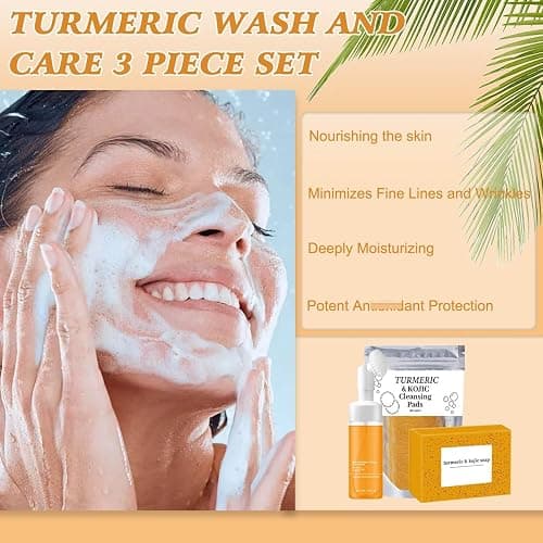 4Pcs Turmeric Wash and Care Three Piece Set,Tuemeric Facial Cleanser & Turmeric Soap Bar & Turmeric Face Scrub Pads,Face & Body Cleanser,Turmeric Cleansing Skincare Set, Deep Cleansing thumbnail 2