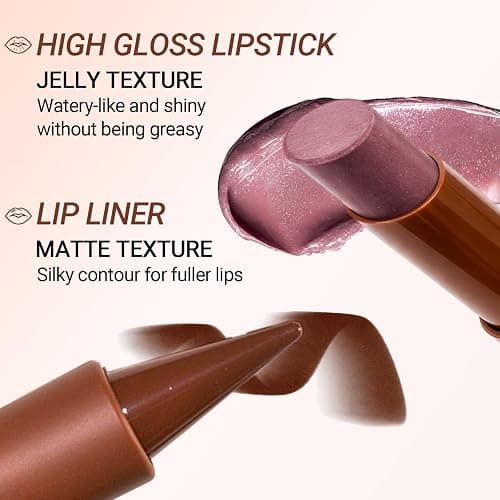 Nourishing Lip Gloss with Brown Lip Liner Lip Combo Sets, Solid Lip Gloss Jelly Lipstick High Shine, Nude Lip Kit with Lip Liner and Gloss for Women, Lightweight Long-Lasting Lipstick Makeup Gift, 01 thumbnail 5