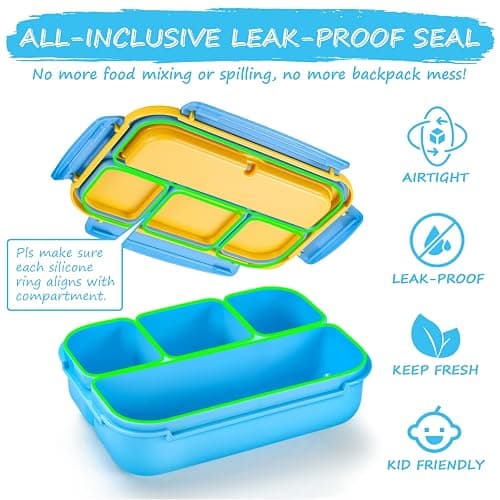 QQKO Bento Lunch Box for Kids Girls Boys, Toddler Kids Lunch Boxes for School, Lunch Containers for Adults with 4 Compartments, Sauce Container, Utensils, Food Picks and Muffin Cups, Blue thumbnail 5