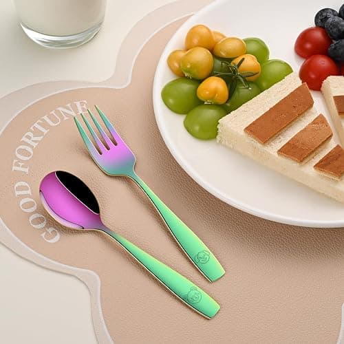 DEHOV Rainbow Toddler Eating Utensils Set,Set Of 12 Food Grade Stainless Steel Silverware Sets For Kids,Dishwasher Safe Children Small Metal Spoons And Forks Flatware Sets thumbnail 7
