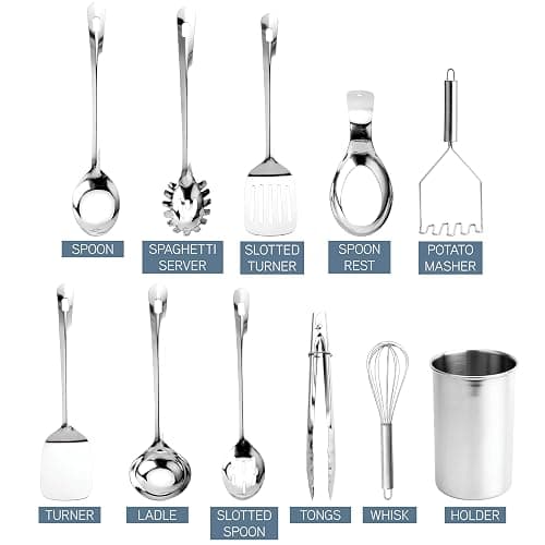 COOK WITH COLOR Kitchen Utensil Set - 10-piece premium Nonstick & Heat Resistant Kitchen Gadgets, Turner, Spaghetti Server, Serving Spoons, Whisk, Tongs, Masher & Utensil Holder, Stainless Steel thumbnail 5