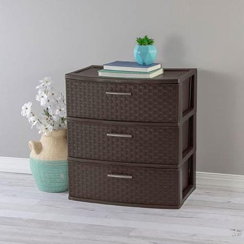 Sterilite 3 Drawer Wide Weave Storage Tower, Plastic Decorative Drawers to Organize Clothes in Bedroom, Closet, Brown with Brown Drawers, 1-Pack thumbnail 2