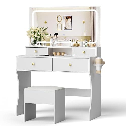 Pamapic Golden Handles Vanity Desk with Mirror and Lights, 4 Drawers Makeup Vanity with Charging Station, 3 Lighting Modes Upgraded Silent Slides Vanity Desk with Storage Stool - Image 1