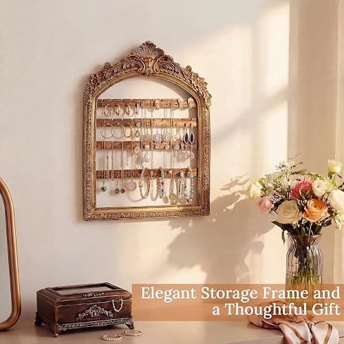Fiwochic 1 Pcs 10 x 6.9'' Wall Hanging Earring Holder Organizers Vintage Arched Frame 4 Layer Wall Mounted Jewelry Holder Decorative Retro Baroque Stud Earring Display (Gold) thumbnail 5