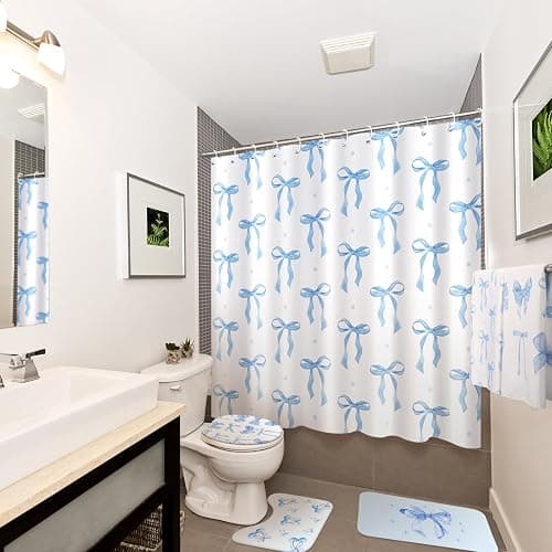 Honeydak 8 Pcs Blue Bow Shower Curtain Set Coquette Blue Bow Bathroom Decor Set Cute Aesthetic Bathroom Curtain with 12 Hooks Anti-Slip Rug Toilet Lid Cover Bath Mat and Towels for Women Home Bath thumbnail 5