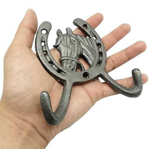 TIHOOD 2PCS 4.5" Horse Head Horseshoe Western Double Cast Iron Wall Hooks, Horse Shoe with Horse thumbnail 4