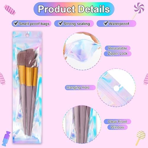 ANZNKU 100 PACK 2.7" x 9" Pen Bags Holographic Bags, Pen Packaging Bags Resealable Smell Proof Bags for Party Favor Food Storage, Cosmetics, Jewelry Packaging Candy Lipgloss Packaging thumbnail 4