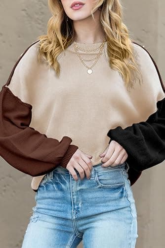 Dokotoo Women's Sweaters Colorblock Crewneck Cotton Long Sleeve Fall Winter Knit Pullover Jumper Tops thumbnail 3