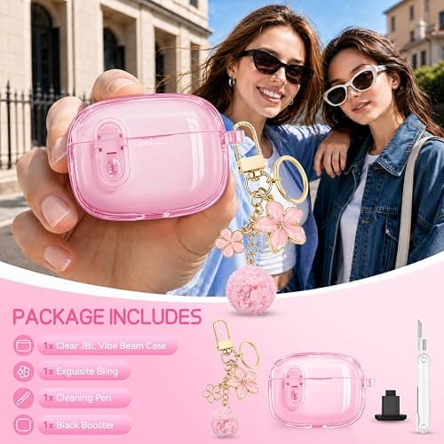 for JBL Vibe Beam 2(2025)/Beam(2023)/200TWS (2022) with Safety Lock,Pink | Clear Case with Cleaner Kit & Bling Keychain for Women Girls,Transparent Soft TPU Protective Cover,Shockproof thumbnail 7