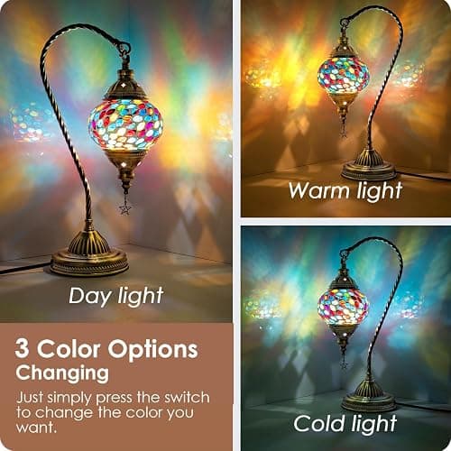 Yarra-Decor Turkish Moroccan Lamp with Bronze Base 3-Way Color Changing Handmade Swan Neck Tiffany Mosaic Glass Bedside Lamps for Bedroom (LED Bulb Included) (Colorful3) thumbnail 2