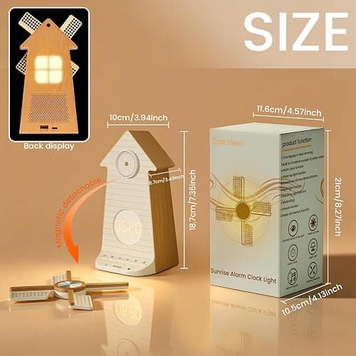 Sunrise Alarm Clock with Rotating Windmill, Easy Snooze Wake Up Light, 10 Natural Sounds & 10 White Noises, 4-Level Dimmer Bedside Night Light with 30/60/90 Min Timers, Sleep Aid Gift for Adults/Kids thumbnail 2