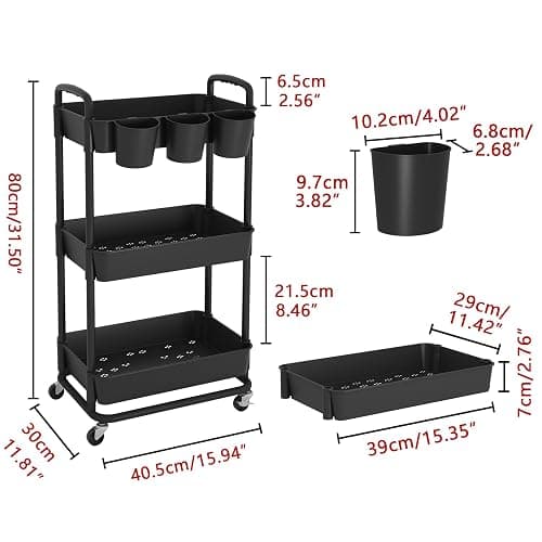 JIUYOTREE 3-Tier Plastic Rolling Storage Cart Utility Cart with Extra Hanging Cups Handles Lockable Wheels for Living Room Bathroom Kitchen Office Black thumbnail 3