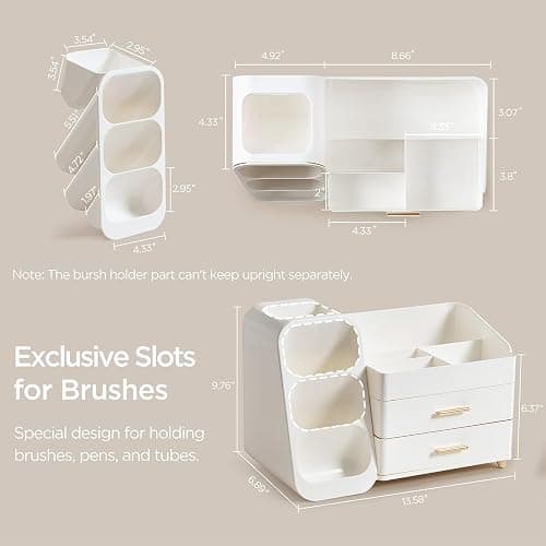 HBlife Makeup Organizer with Brush Holder for Vanity, Large Plastic Bathroom Countertop Organizer Skin Care Storage, Easy to Store Lipsticks, Nail Polishes, Perfumes, Eyeshadow Palettes, All White thumbnail 3