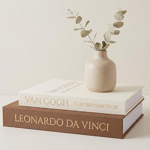 MAOBUYOU Decorative Storage Books Set of 2, Linen Cover, Gold Letters, Beige and Brown - Image 1