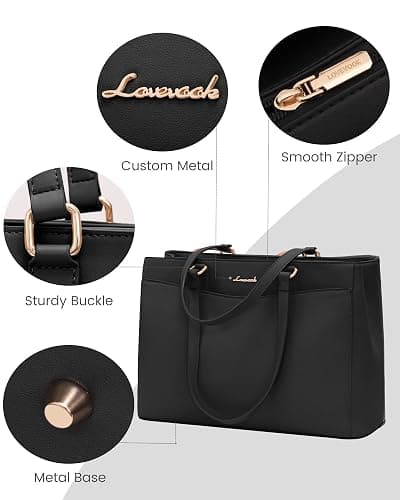 LOVEVOOK Laptop Handbags for Women 15.6 inch, Large Work Bags Women's Tote with Compartments, PU Leather Ladies Shoulder Hand Bag for School Office Business, Black thumbnail 8