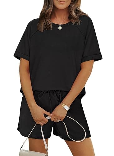 WIHOLL Two Piece Short Sets for Women Casual Summer Outfits Short Sleeve Crew Neck Lounge Matching Set thumbnail 2