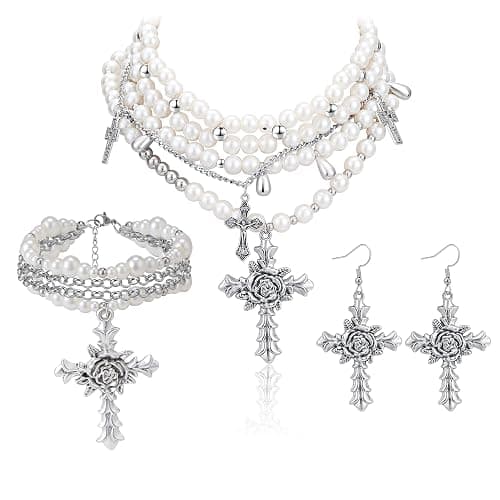 KURTCB Layered Pearl Cross Jewelry Set Statement Chunky Y2k Gothic Pearl Necklace and Earrings Bracelet for Women - Image 1