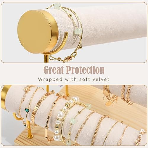 ProCase Bracelet Holder Display Bracelet Organizer Stand, Gold Detachable Bangle Storage Rack for Selling, Velvet Wrap Watch Holder with Wooden Base for Women Girls, Business Supplies - 3 Tier, Beige thumbnail 4