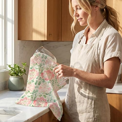 4 Pcs Watercolor Floral Kitchen Towels, Artistic Pink Green Decorative Absorbent Microfiber Dish Cloth Tea Towel, Durable Waffle Hand Towels for Farmhouse Home Bathroom, Housewarming Gifts thumbnail 6