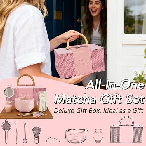 GZIXBDA 8Pcs Matcha Whisk Set, Matcha Set Includes Ceramic Matcha Bowl, Whisk and Holder, Bamboo Scoop, Scoop Rest, Sifter, Measuring Spoons and Tea Towel Tea Kit Gift Set for Women (Pink) thumbnail 3