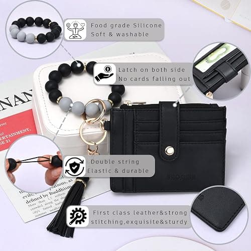 BAOSIWA Silicone Bracelet Keychain Wallet for Women Wristlet Card Holder Slim RFID Wallet with Zipper Pocket thumbnail 3
