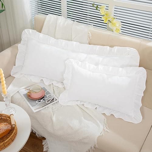 Yvrcen White Ruffle Lumbar Pillow Cover, 12x20 Inch | Ruffled Cushion Case, Decorative Farmhouse, For Couch Sofa Bed Living Room, Pack of 1 thumbnail 2