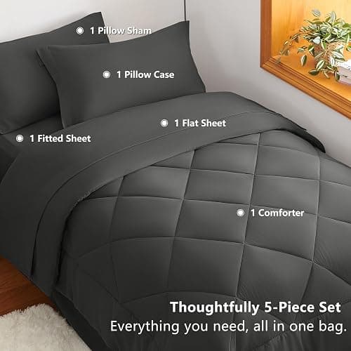 CozyLux Twin XL Comforter Set Dark Grey - 5 Pieces Twin Extra Long Bed in a Bag for College Dorm, All Season Bedding Set for Girls and Boys, Soft Bed Set with Comforter, Sheets, Pillowcase & Sham thumbnail 6