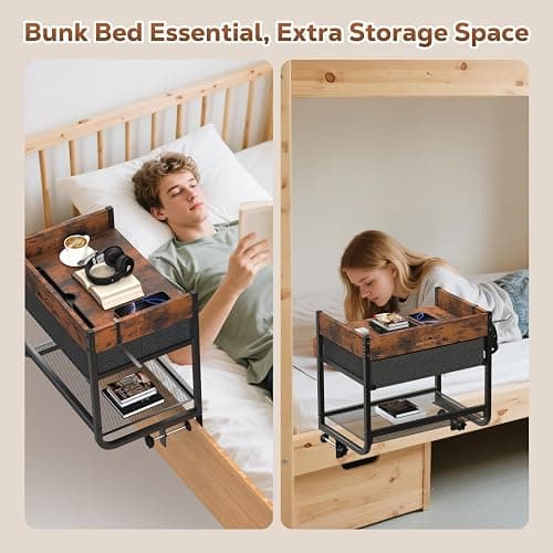 Housolution 2 Tier Bedside Shelf for Top Bunk & Loft Beds, Bunk Bed Shelf with Fabric Drawer, Tablet Slot,Clip on Nightstand for College Dorm Rooms, Small Apartments, Bedrooms with Limited Space thumbnail 2