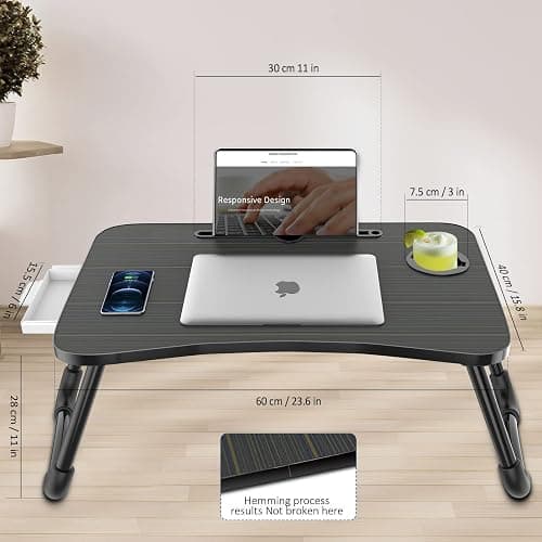 Zapuno Foldable Laptop Bed Table Multi-Function Lap Bed Tray Table with Storage Drawer and Water Bottle Holder, Serving Tray Dining Table with Slot for Eating, Working on Bed/Couch/Sofa (Arc Shape) - Beige1 thumbnail 6