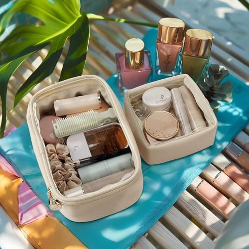 Pocmimut Mini Makeup Bag,Clear Makeup Bag Travel Toiletry Bag Pouch Purse Car Accessories Cute Stuff for Women,Travel Essentials Organizers,Beige thumbnail 2