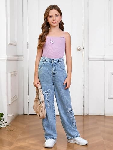 WDIRARA Girl's Bowknot Print Washed Jean Elastic Waist Denim Pants Straight Leg Trousers with Pockets thumbnail 5