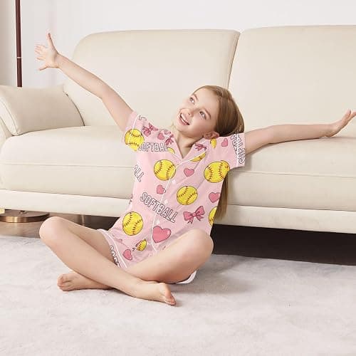 JULYTO Satin Pajama Sets Short Sleeve Volleyball Balls with Blue Bows Button Down Silky Nightwear 2 Piece PJS 5-14Y thumbnail 5