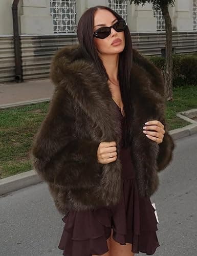 Wyeysyt Women's Faux Fur Coat with Hood Open Front Cropped Fluffy Jacket thumbnail 2