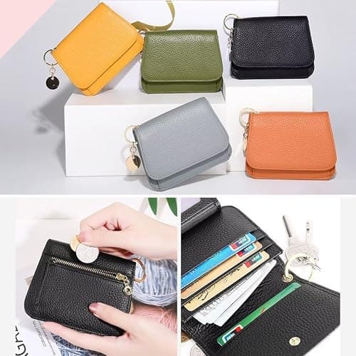 Mudono Small Wallet for Women RFID Blocking Genuine Leather Card Case Slim Tri-Fold Wallet with Zipper Pocket and Keychain thumbnail 7