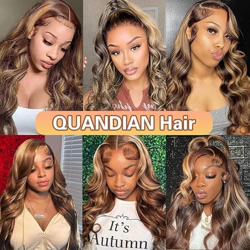 QUANDIAN 28 Inch 13x6 Body Wave Highlight Ombre Lace Front Wig Human Hair 13x6 HD Lace Front Wigs Human Hair 180% Density P4/27 Colored Wigs Honey Blonde Glueless Wigs Human Hair Pre Plucked Pre Cut thumbnail 5