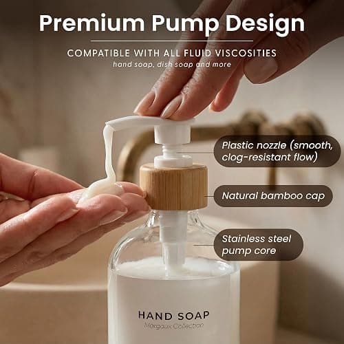 MaisoNovo Glass Dish Soap Dispenser for Kitchen Sink Set of 1-500 ml Dish and Hand Soap Dispenser Set for Kitchen - Clear Glass Bottle with White Bamboo Pump x 1 thumbnail 6