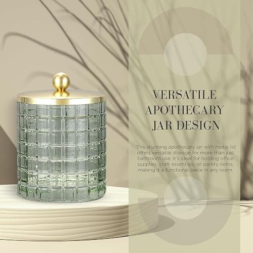 Indecor Home Sage Colored Tranlucent Apothecary Etched Geometric Grid Glass Jar W/Gold Metal Lid Cover for Bathroom Organization, Cotton Balls, Q Tips, and Small Accessories, Bathroom Storage thumbnail 7