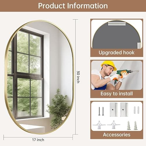 JENBELY Gold Oval Mirror, 17x30 Inch Pill Shaped Metal Frame Mirror, Oval Bathroom Mirrors for Over Sink, Wall-Mounted Mirrors for Hallway,Living Room, Fireplace thumbnail 5