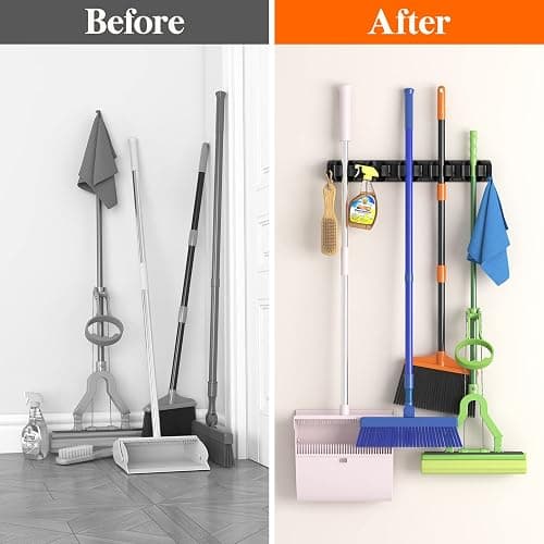 Lifewit Mop and Broom Holder Wall Mount, Anti-Slip Broom Hanger for Cleaning Supplies Organizer, Easy Install Tool Hanging Rack for Closet, Kitchen, Garage, 5 Slot 6 Hooks, Hold 30lbs, Black, 1 Pack thumbnail 6