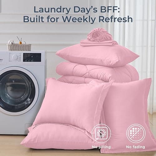 HEVUMYI Pink Queen Comforter Set - 7-Piece All Season Bed in a Bag Queen, Ultra Soft Bedding Set with Comforter, Flat Sheet, Fitted Sheet, Pillowcases, Pillow Shams, Pink thumbnail 7