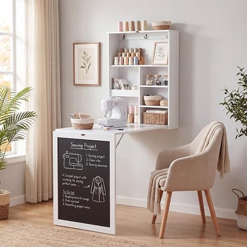 Tangkula Foldable Wall-Mounted Desk, Floating Desk with Chalkboard, Storage Shelves & Hooks, Space-Saving Murphy Table for Home Office, Bedroom, Dorm Room, Small Spaces thumbnail 4